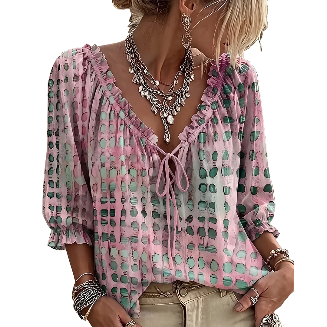 Jillian – Ruffled Tie-Front Spot Print Blouse