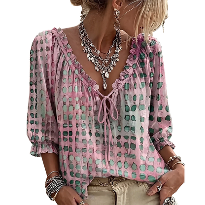 Jillian – Ruffled Tie-Front Spot Print Blouse