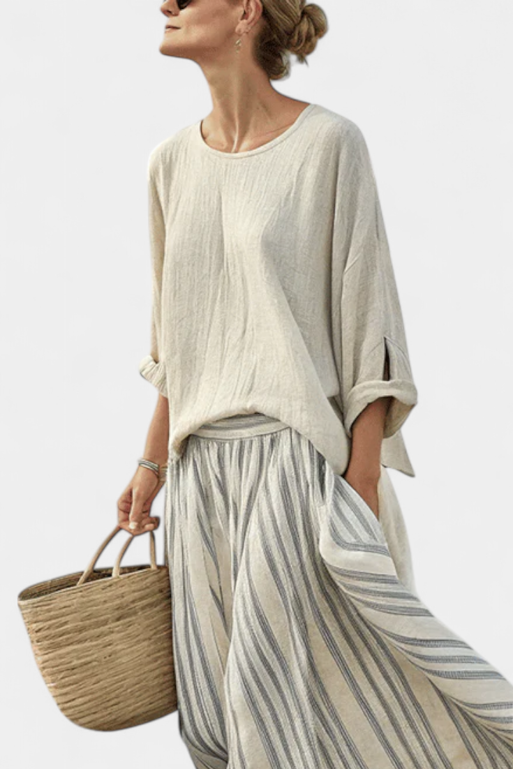 Brittney | Comfortable Loose Blouse & Striped Midi Skirt