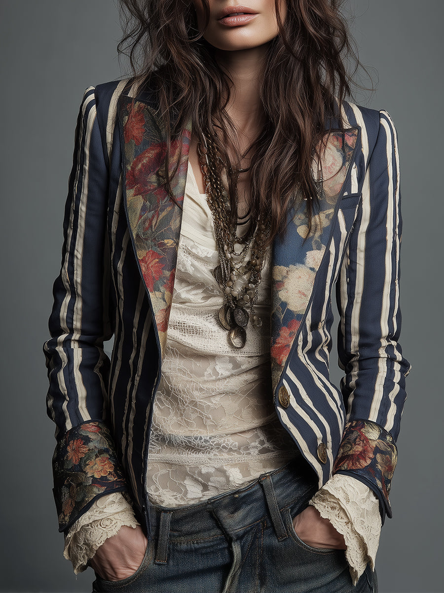 Arlene – Striped Blazer with Floral Print Detail