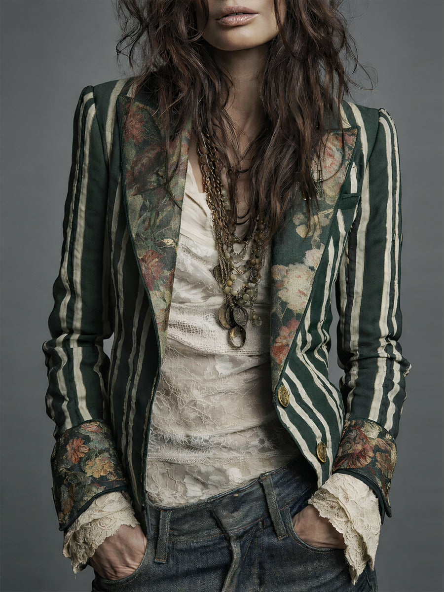 Arlene – Striped Blazer with Floral Print Detail