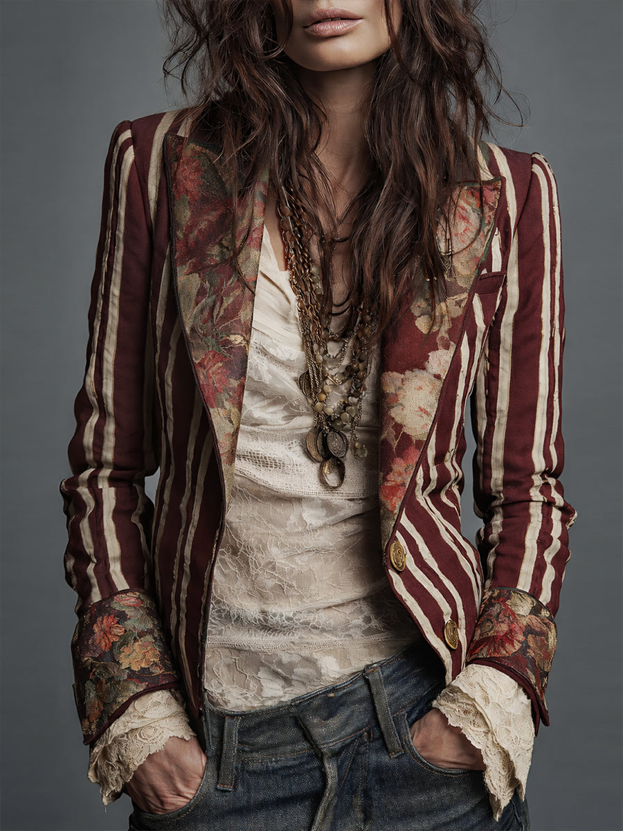 Arlene – Striped Blazer with Floral Print Detail