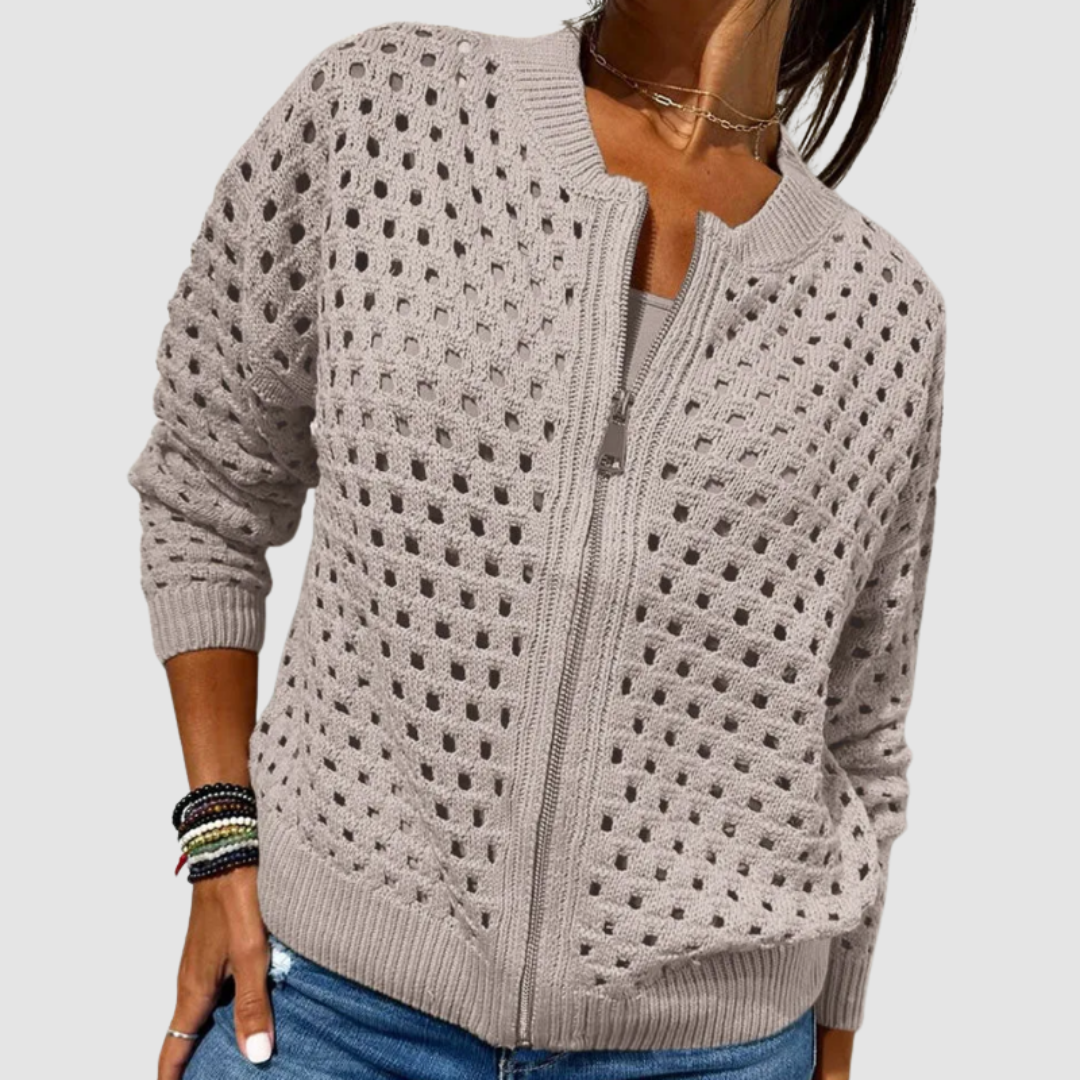 Pearline – Hollow Knit Zip-Up Cardigan
