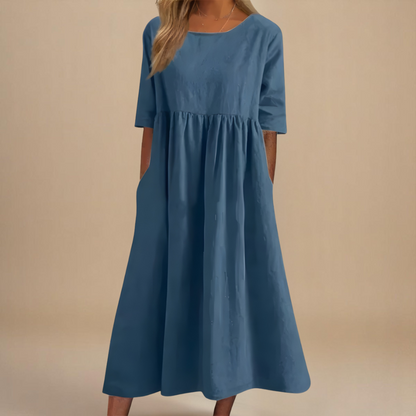 Janice – Relaxed Gathered Midi Dress with Pockets