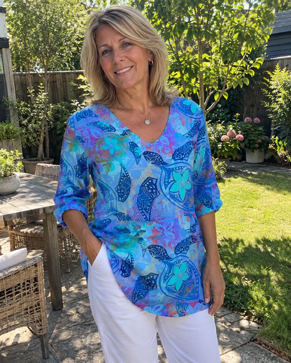 Pamela – Long V-Neck Printed Blouse