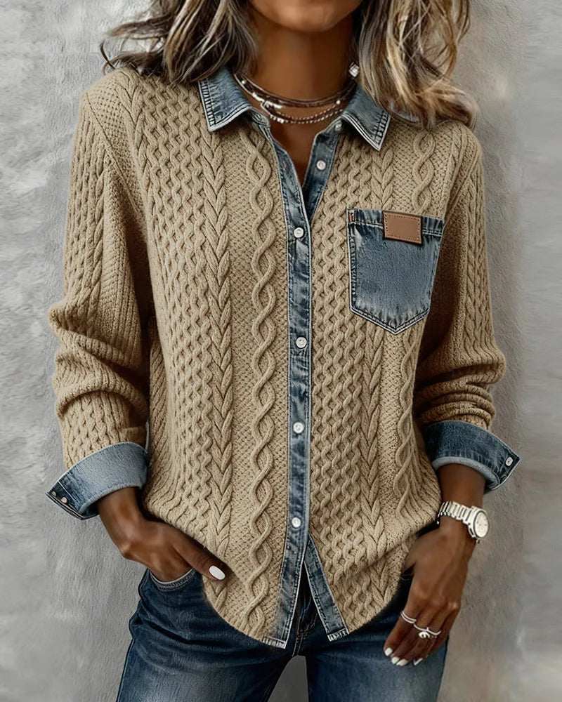 Janelle – Cable Knit Denim Patchwork Top