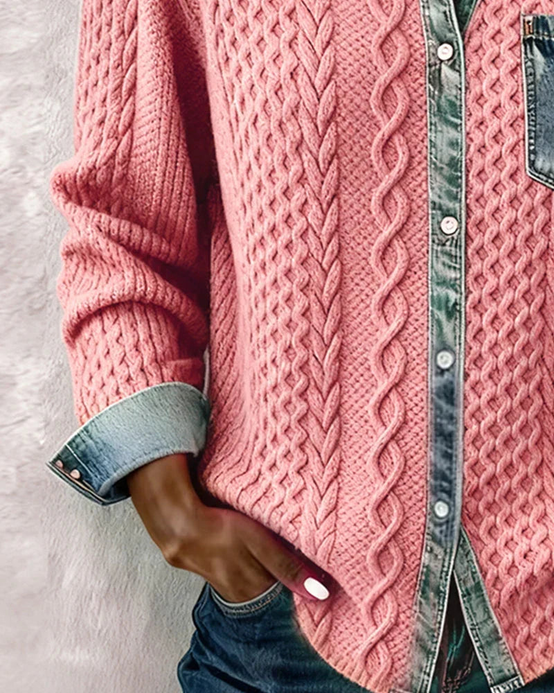 Janelle – Cable Knit Denim Patchwork Top