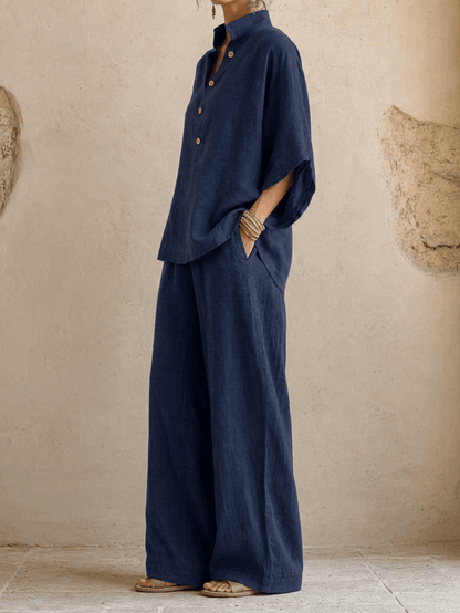 Lynne – Linen-Look Batwing Top and Wide-Leg Pants Set