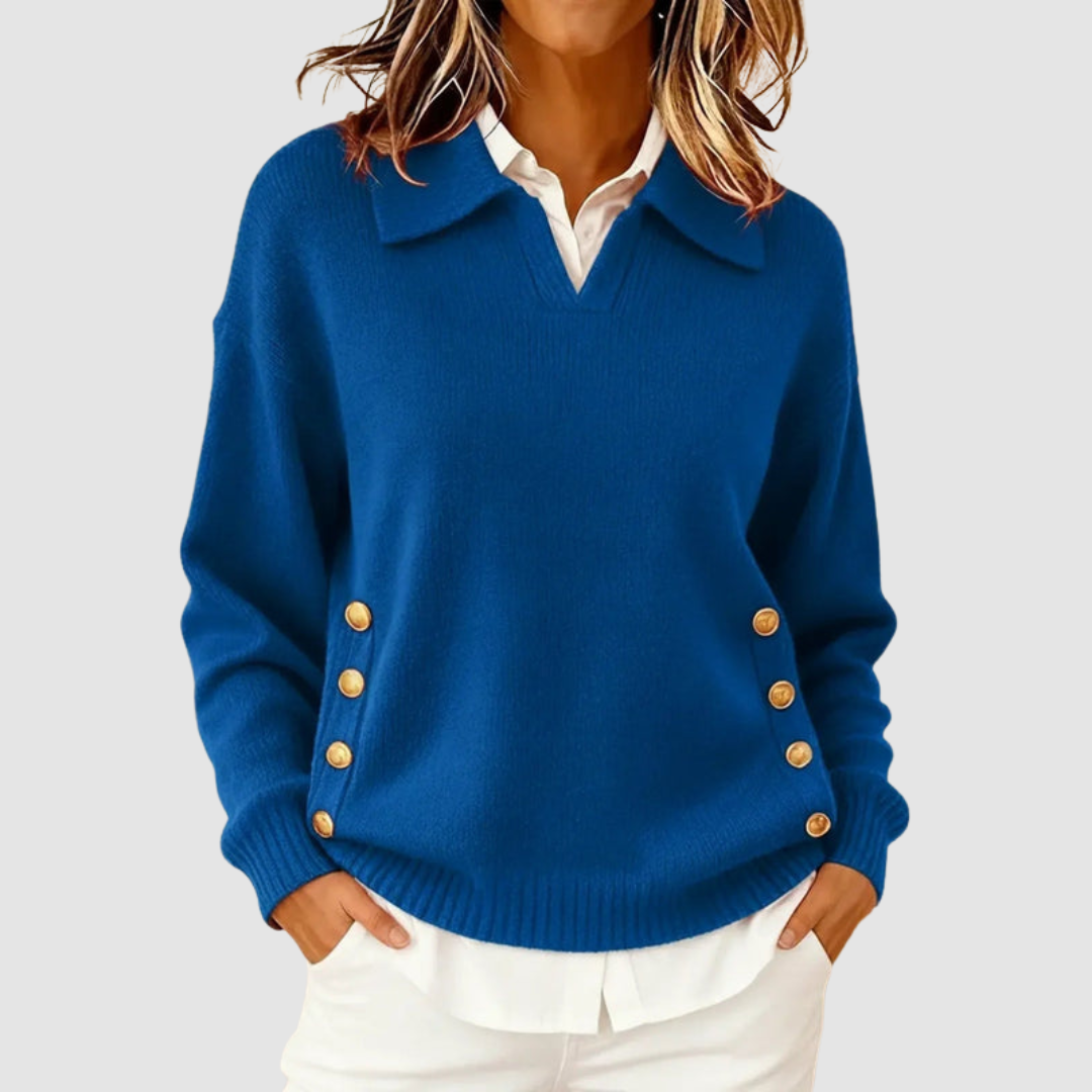 Vivien – Collared Knit Jumper with Side Buttons