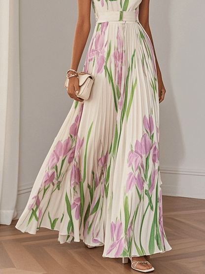 Daisy | White Pleated Floral Chiffon Maxi Dress