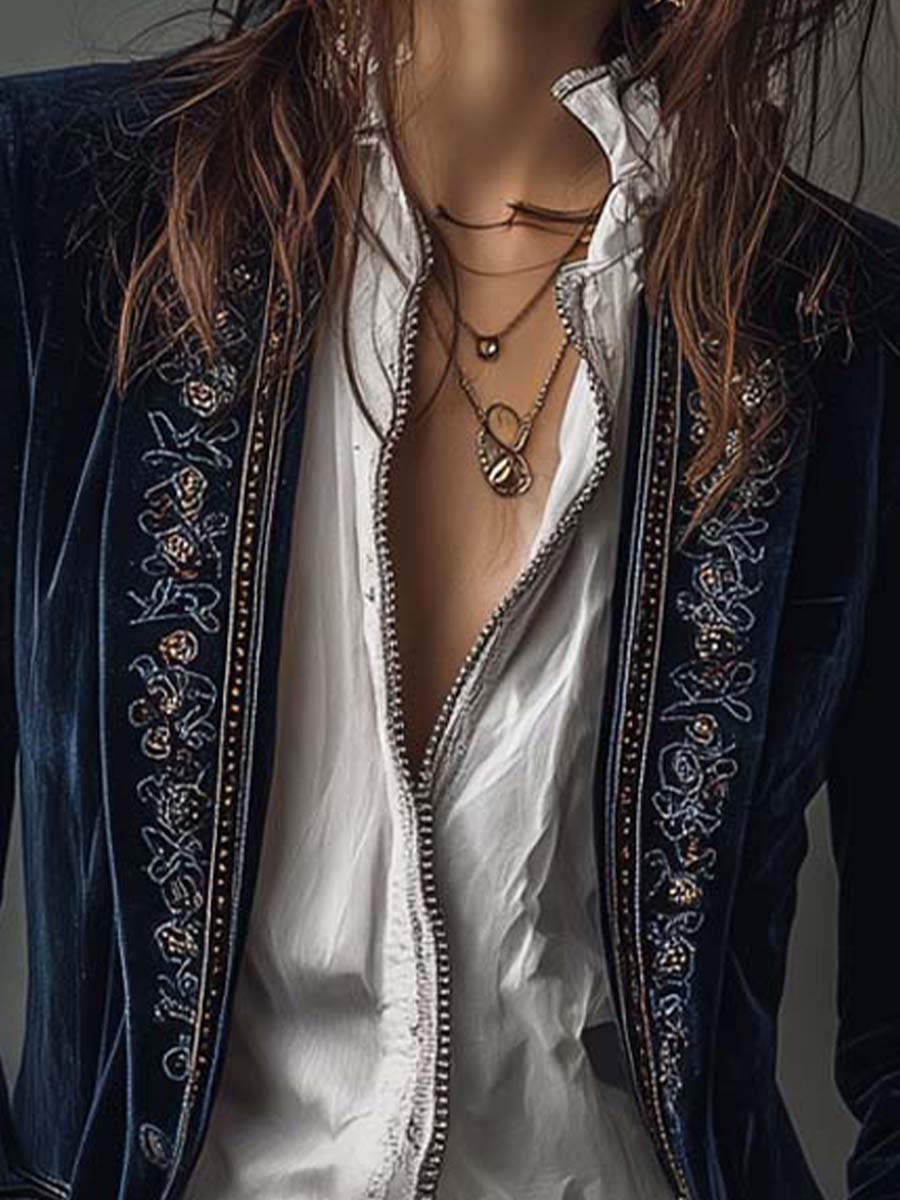 Idelle – Embroidered Velvet-Look Long Jacket