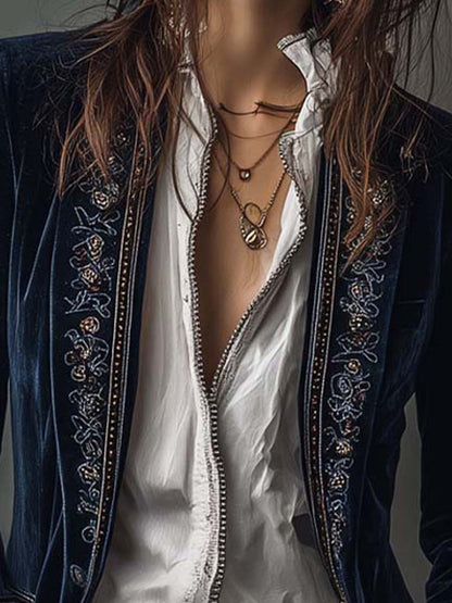 Idelle – Embroidered Velvet-Look Long Jacket