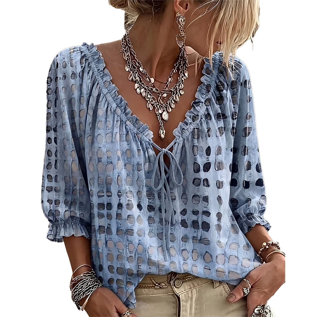Jillian – Ruffled Tie-Front Spot Print Blouse