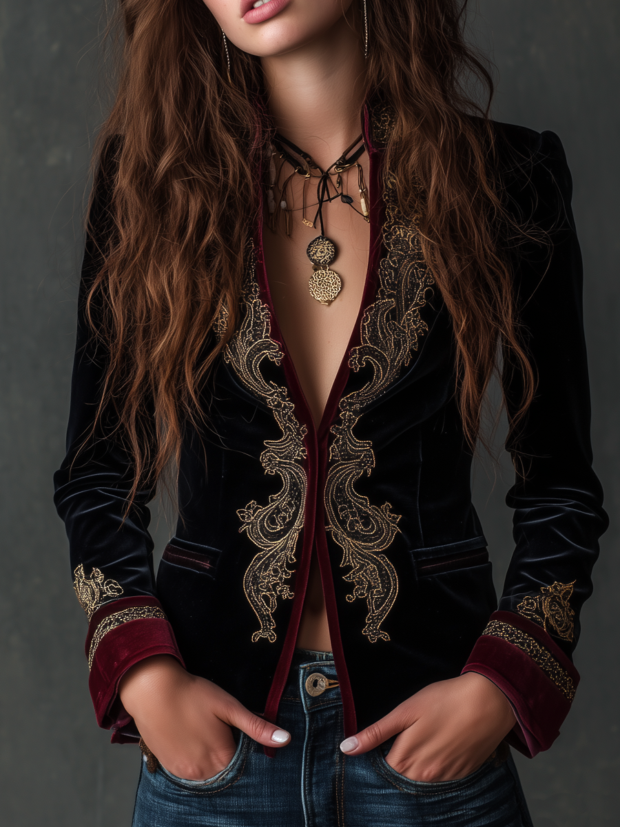 Kara – Baroque Embroidered Velvet-Look Blazer