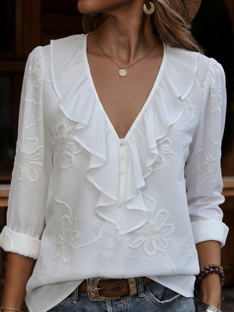 Elizabeth – Ruffle V-Neck Floral Embroidered Blouse