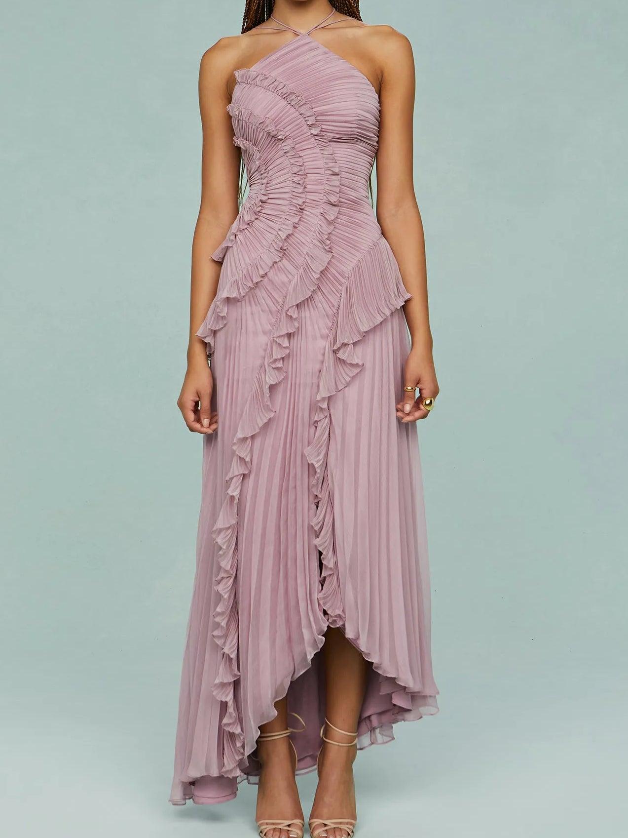 Alora | Pleated Suspender Long Dress with Slits Dress