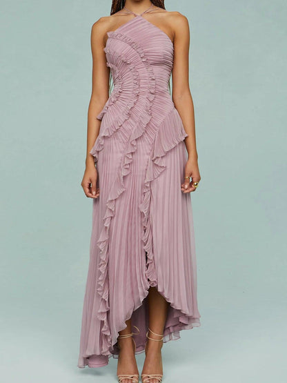Alora | Pleated Suspender Long Dress with Slits Dress