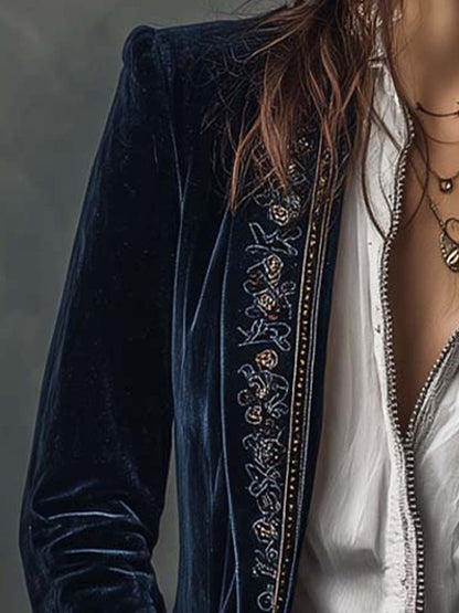 Idelle – Embroidered Velvet-Look Long Jacket