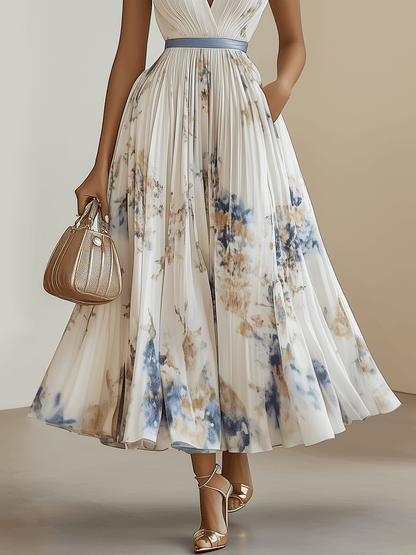 Leanna | White Floral Chiffon V-Neck Pleated Midi Dress