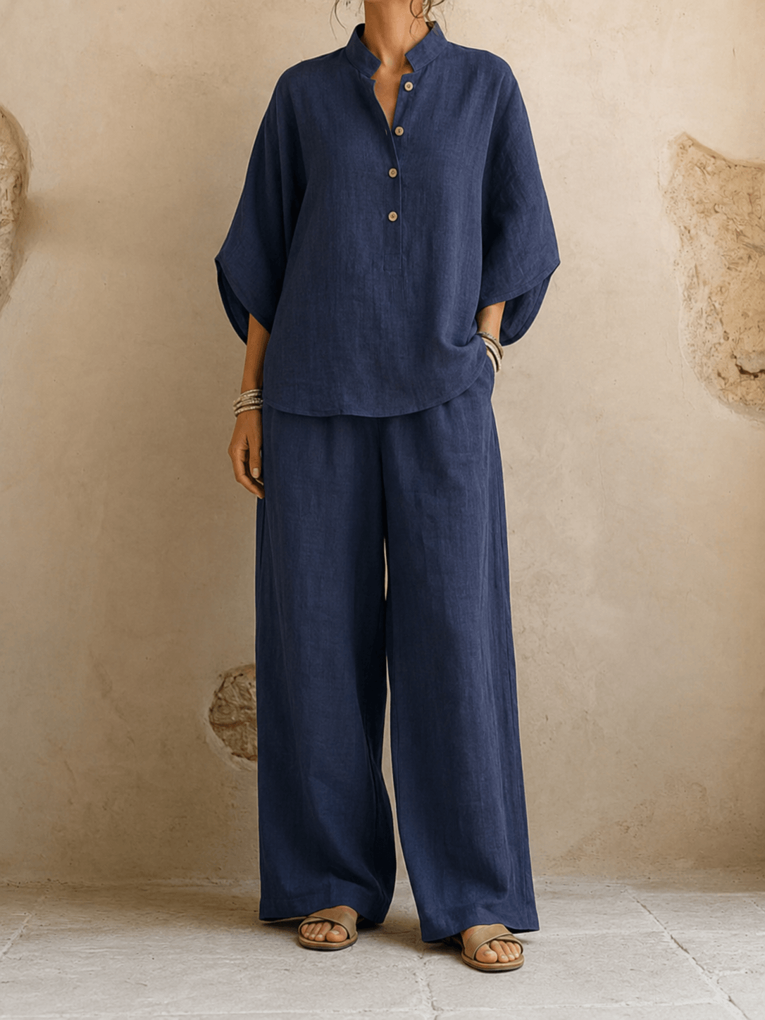 Lynne – Linen-Look Batwing Top and Wide-Leg Pants Set