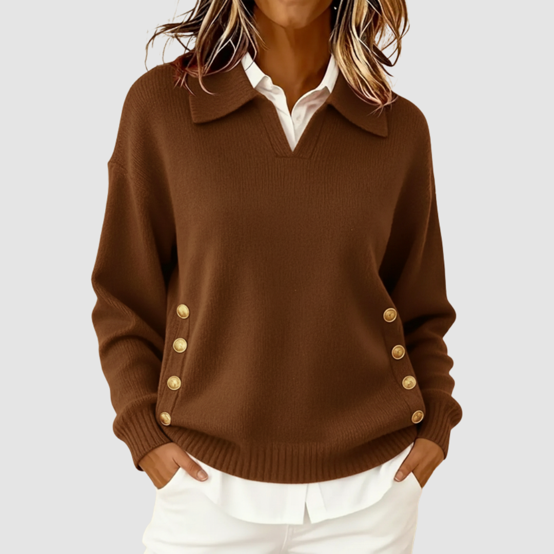 Vivien – Collared Knit Jumper with Side Buttons