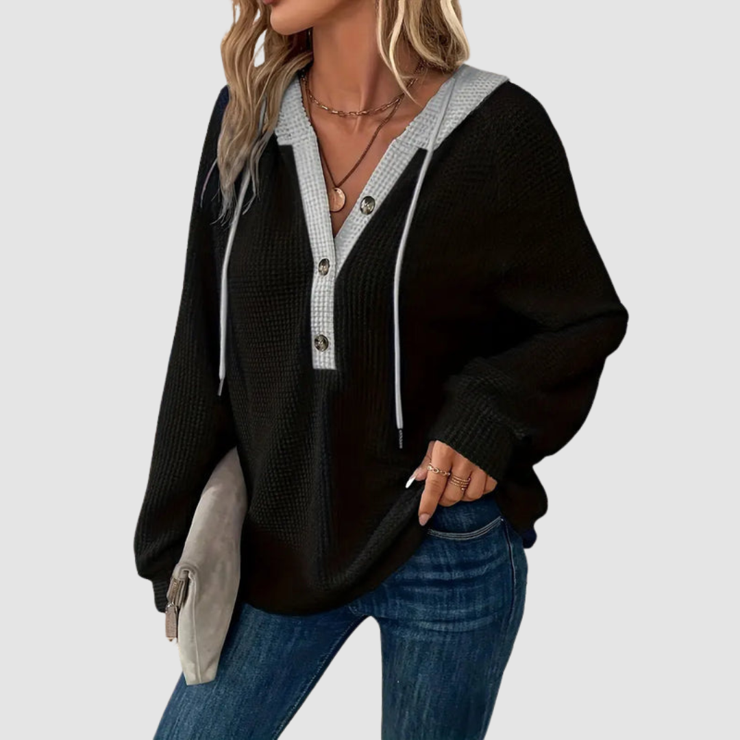 Rachelle – Waffle Knit Hooded Button Top