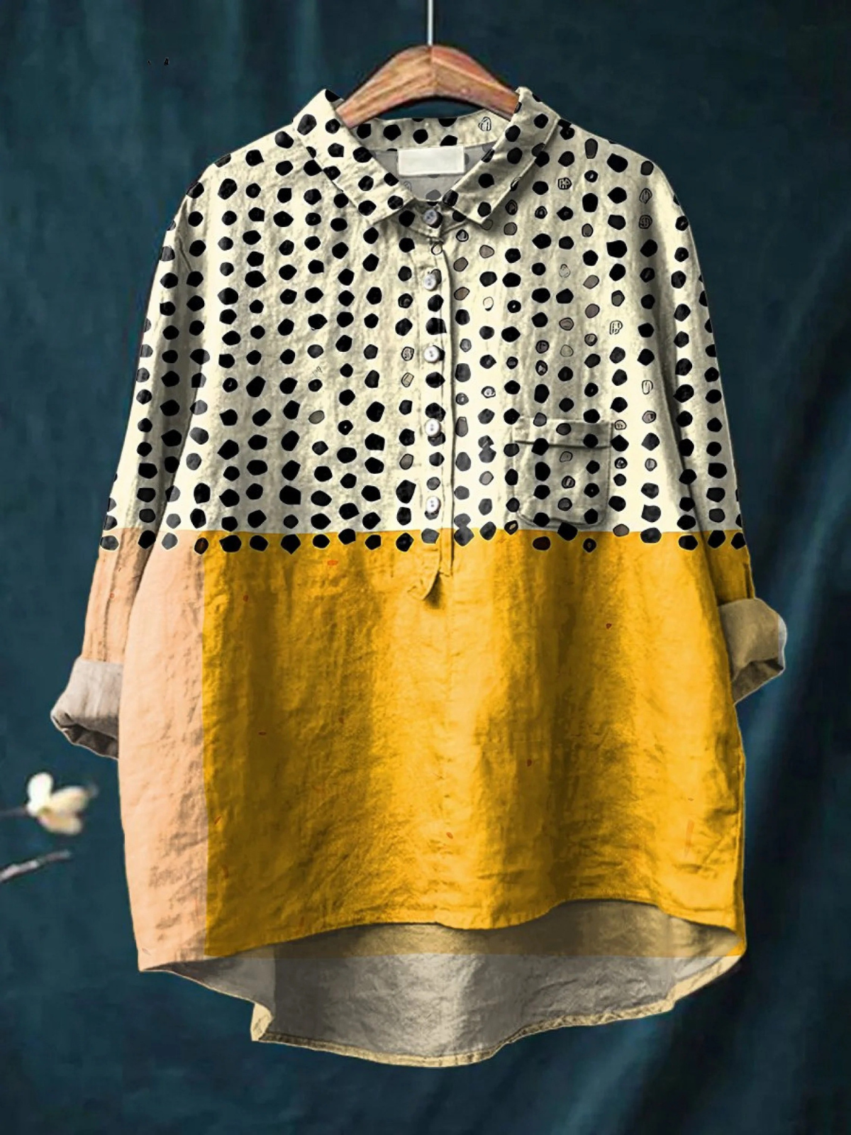 Anastasia | Women's Yellow Colour-Blocked Dots Print Casual Shirt