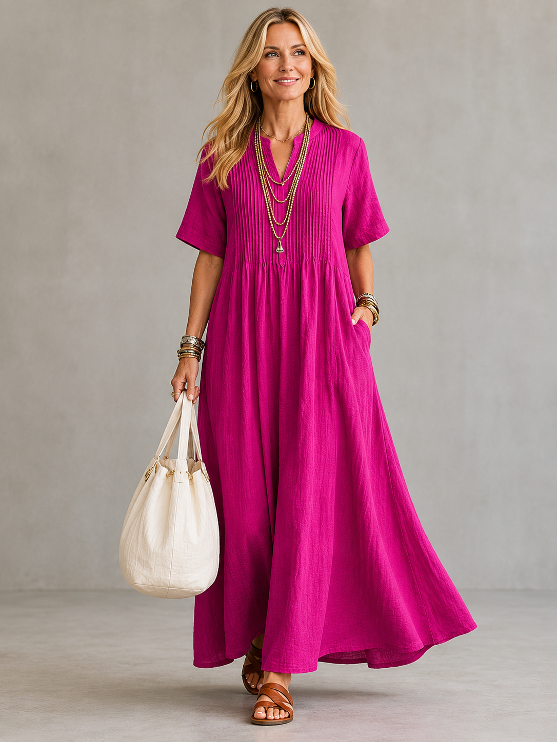Pamela – Pleated V-Neck Maxi Dress