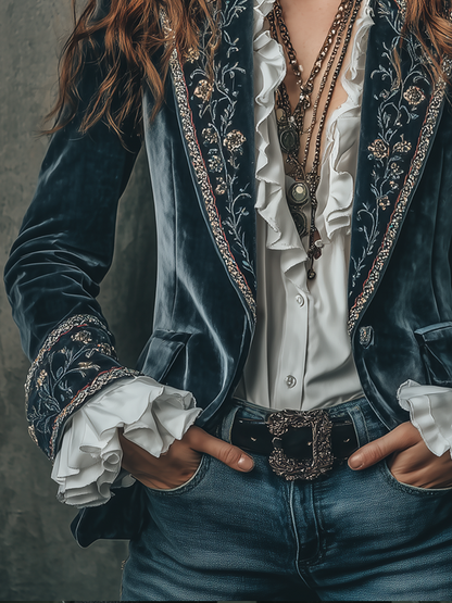 Eugenia – Embroidered Velvet Blazer with Ruffle Cuffs