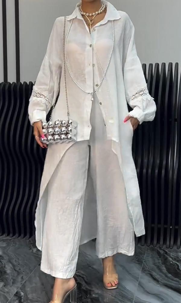 Barbara – Linen-Look Long Shirt and Wide-Leg Pant Set