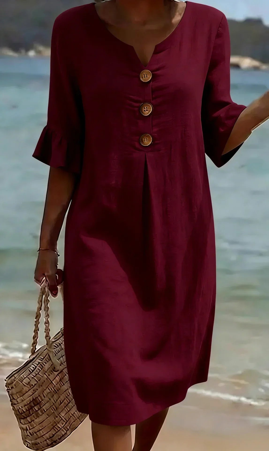 Kara – Relaxed Linen-Look Button Detail Dress
