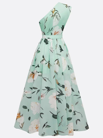 Lyla | Light Green Floral Chiffon One-Shoulder Maxi Dress