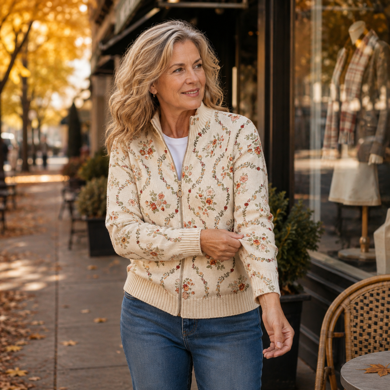 Ruby – Floral Vine Zip-Up Knit Jacket