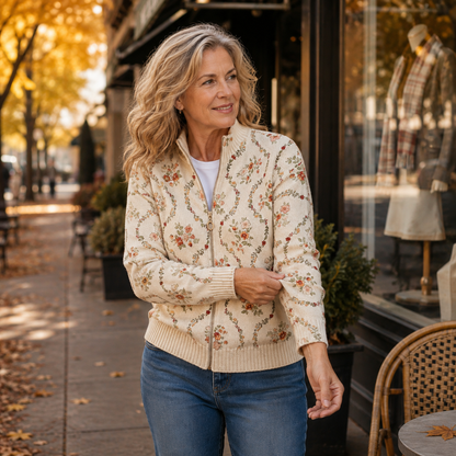 Ruby – Floral Vine Zip-Up Knit Jacket