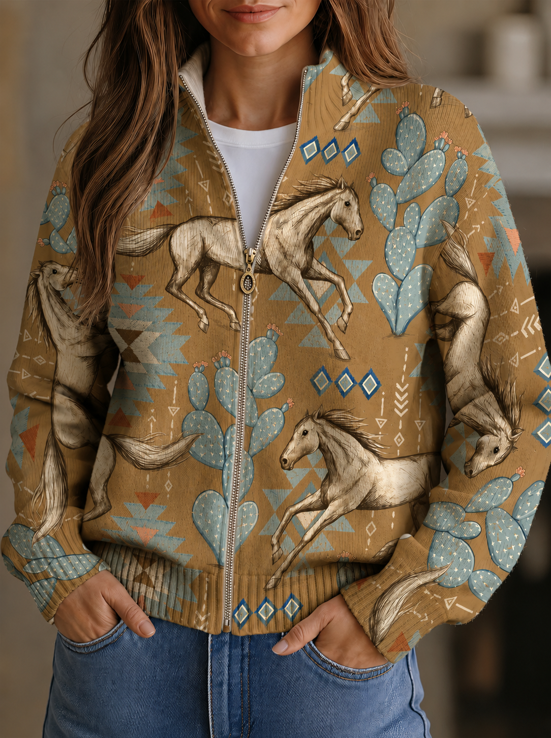 Florence – Western Horse and Cactus Zip Jacket