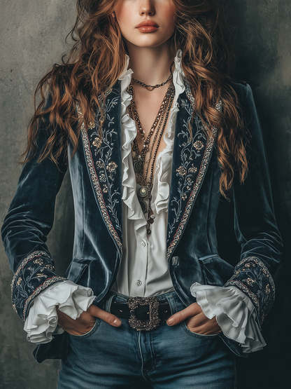 Eugenia – Embroidered Velvet Blazer with Ruffle Cuffs