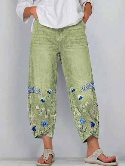 Denise – Floral Embroidered Denim-Look Pants