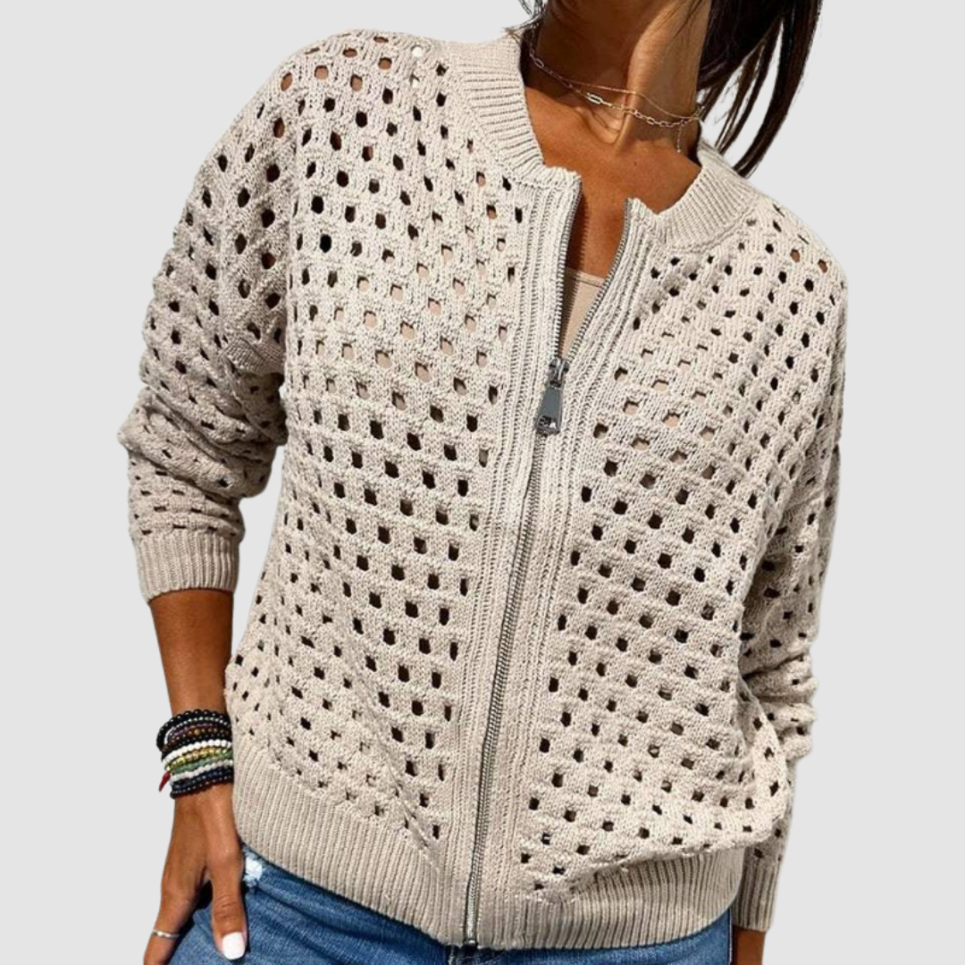 Pearline – Hollow Knit Zip-Up Cardigan