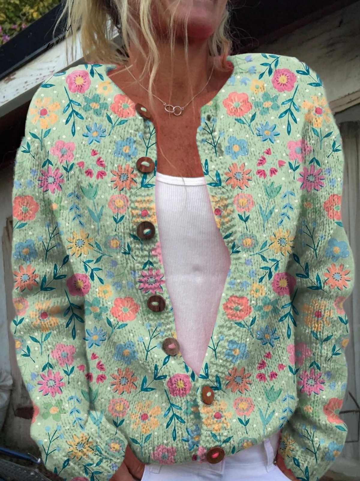 Mary – Floral Knit Button-Front Cardigan