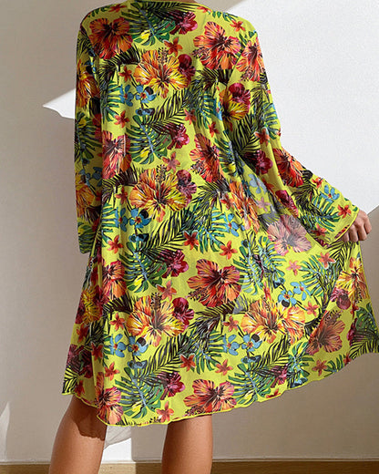 Kim – Tropical Print Bikini Set with Kimono Cover-Up