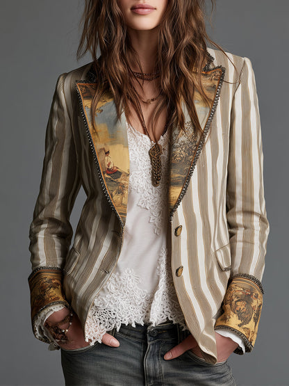 Julie – Striped Blazer with Printed Lapels