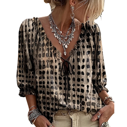 Jillian – Ruffled Tie-Front Spot Print Blouse