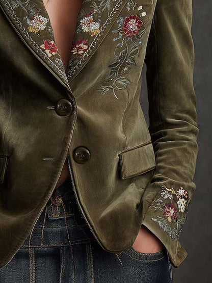 Judy – Floral Embroidered Velvet-Look Blazer