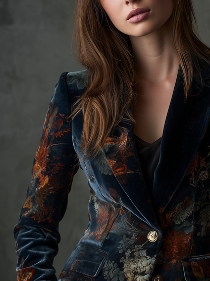 Maxine – Floral Velvet Blazer with Gold Buttons