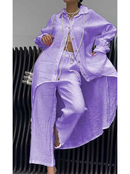 Barbara – Linen-Look Long Shirt and Wide-Leg Pant Set