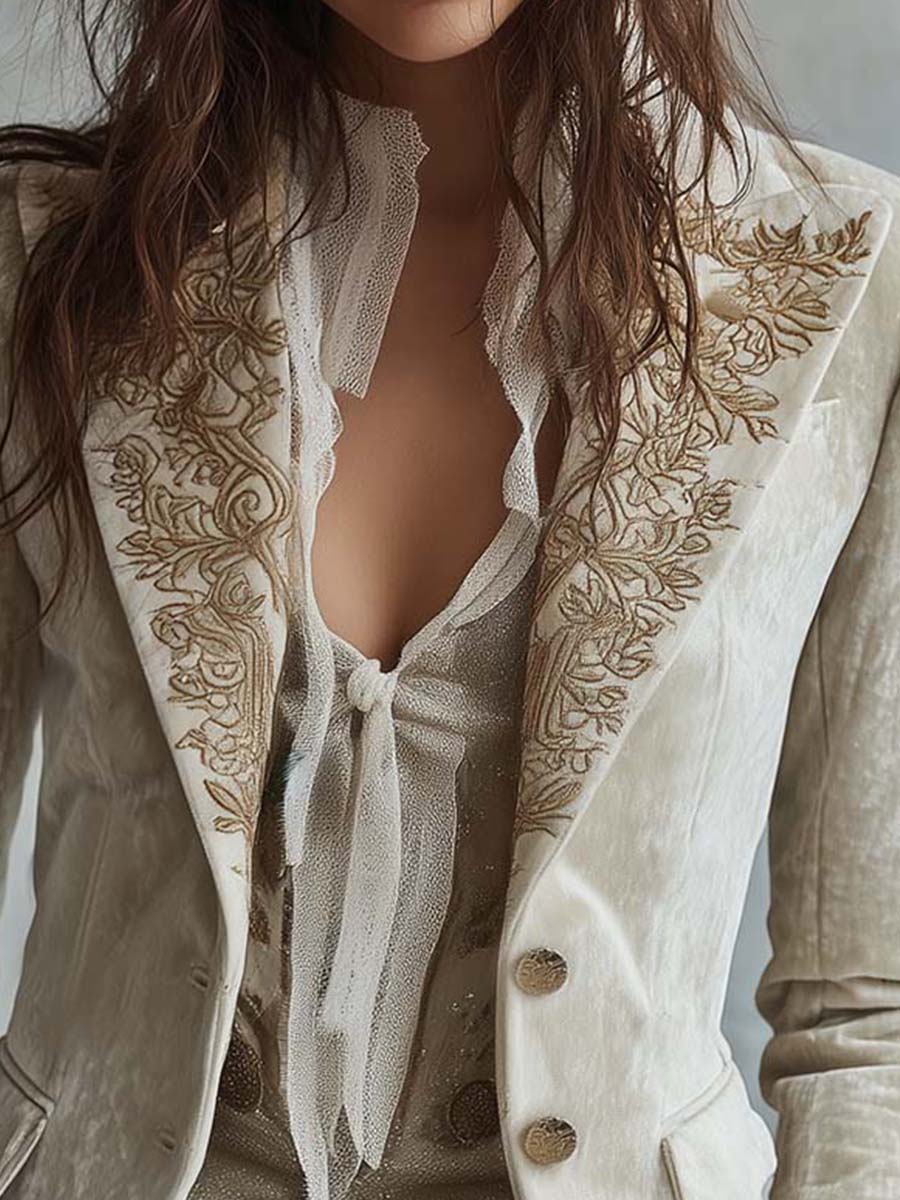 Joan – Embroidered Velvet-Look Blazer with Lace Cuffs
