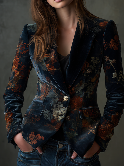 Maxine – Floral Velvet Blazer with Gold Buttons