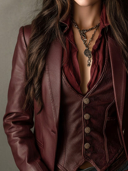 Veronica – Faux-Leather Blazer with Ruffle Detail