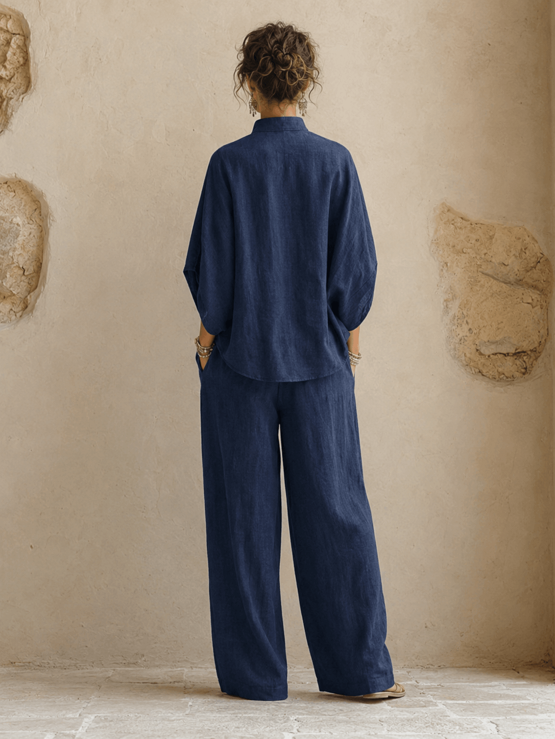 Lynne – Linen-Look Batwing Top and Wide-Leg Pants Set