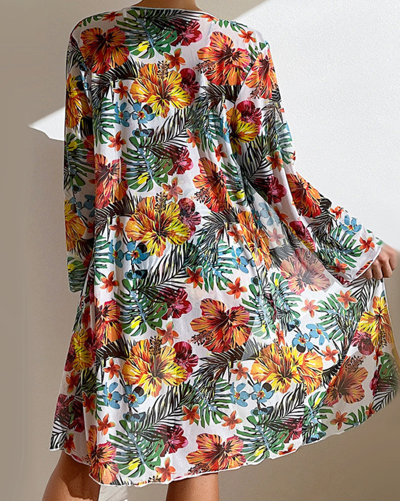 Kim – Tropical Print Bikini Set with Kimono Cover-Up